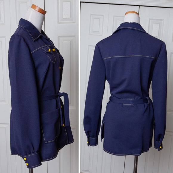 Vintage 70s Blue Leisure Jacket Shirt Blazer Button Down Pockets Polyester S/M - Picture 2 of 14